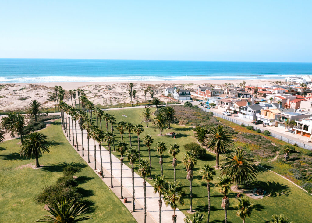 Oxnard beach park and walking trail, lined with palm trees and views of the pacific