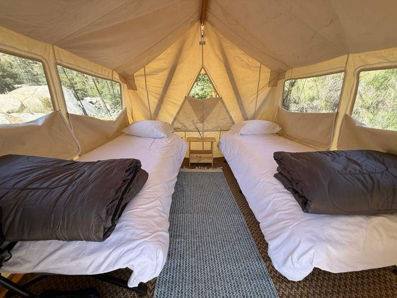 Interior of tent with cots, sheets, and blanket.