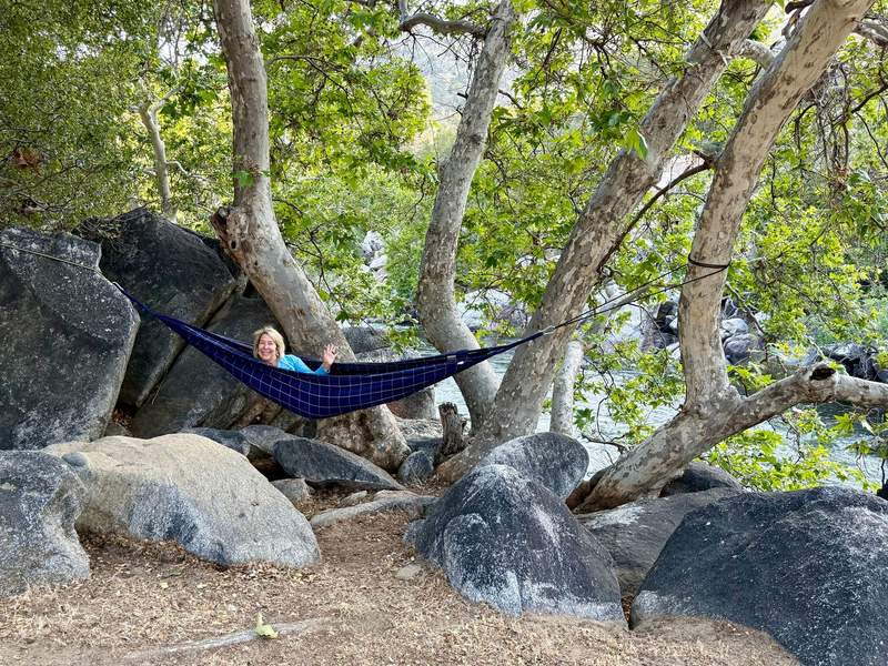 Author waving from a hammock strung between some trees.