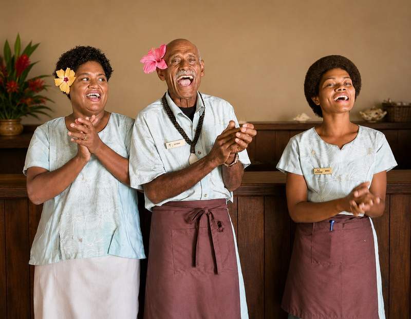 Three Fijian people clapping and singing