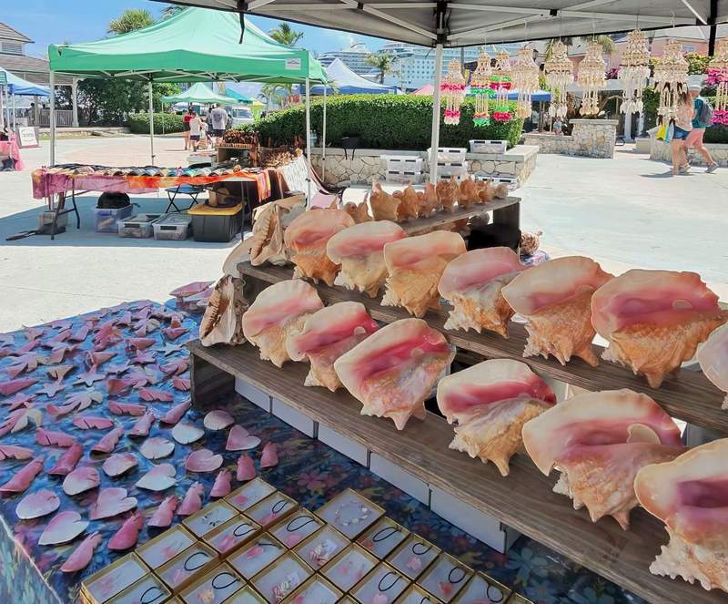 Outdoor craft vendor selling authentic Bahamian conch shells and handmade shell jewelry in downtown Nassau, Bahamas.