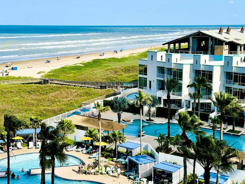 View of the pool and beach at Margaritaville resort on South Padre Island