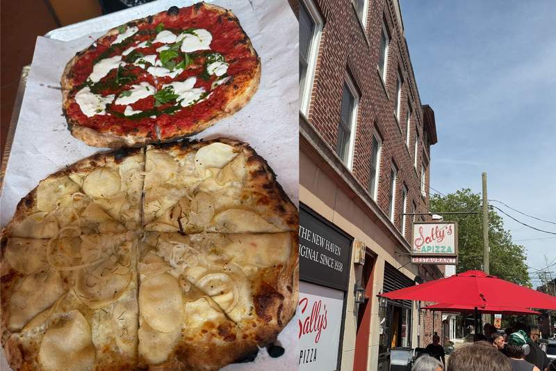 Collage of two pizzas and Sally’s from outside with a line