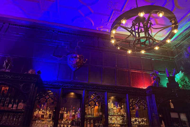 Dimlit bar with fantasy paraphernalia and bottles