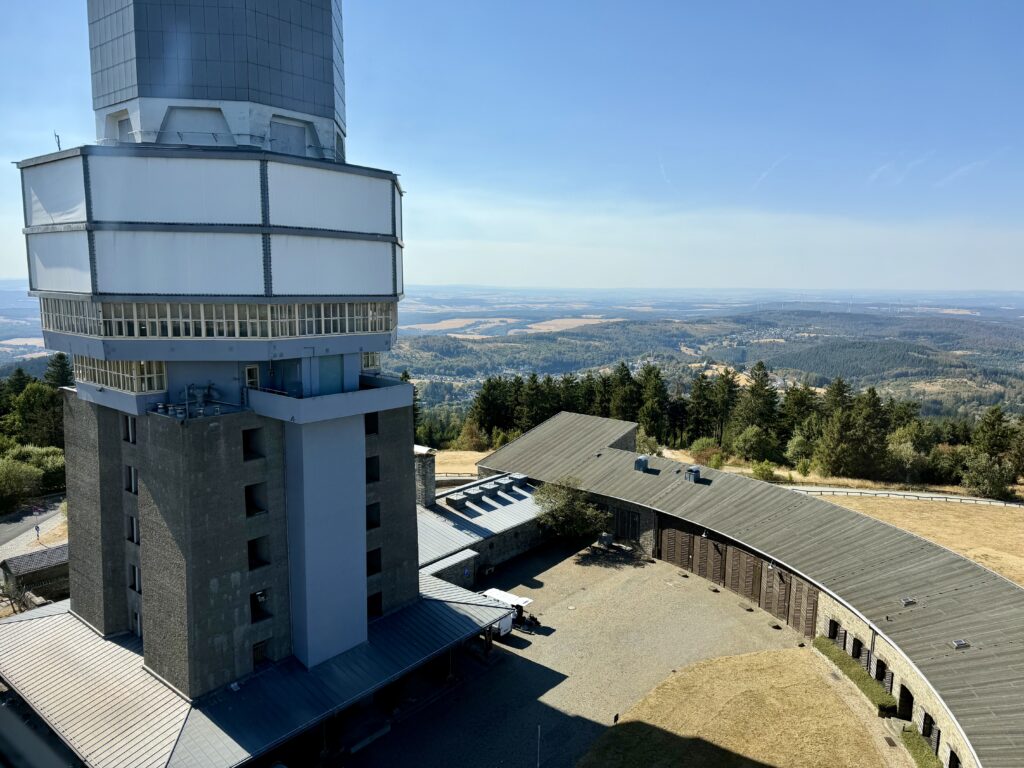 Radio tower complex at a summit in the Taunus Nature Park near Wiesbaden, Germany.