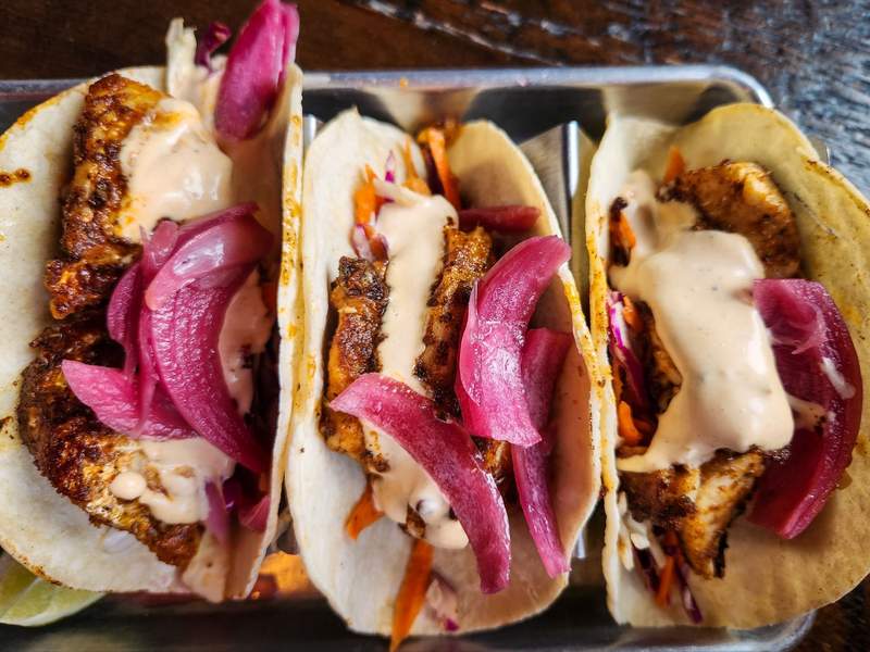 Close-up view of fish tacos with creamy mayonnaise and purple pickled onions