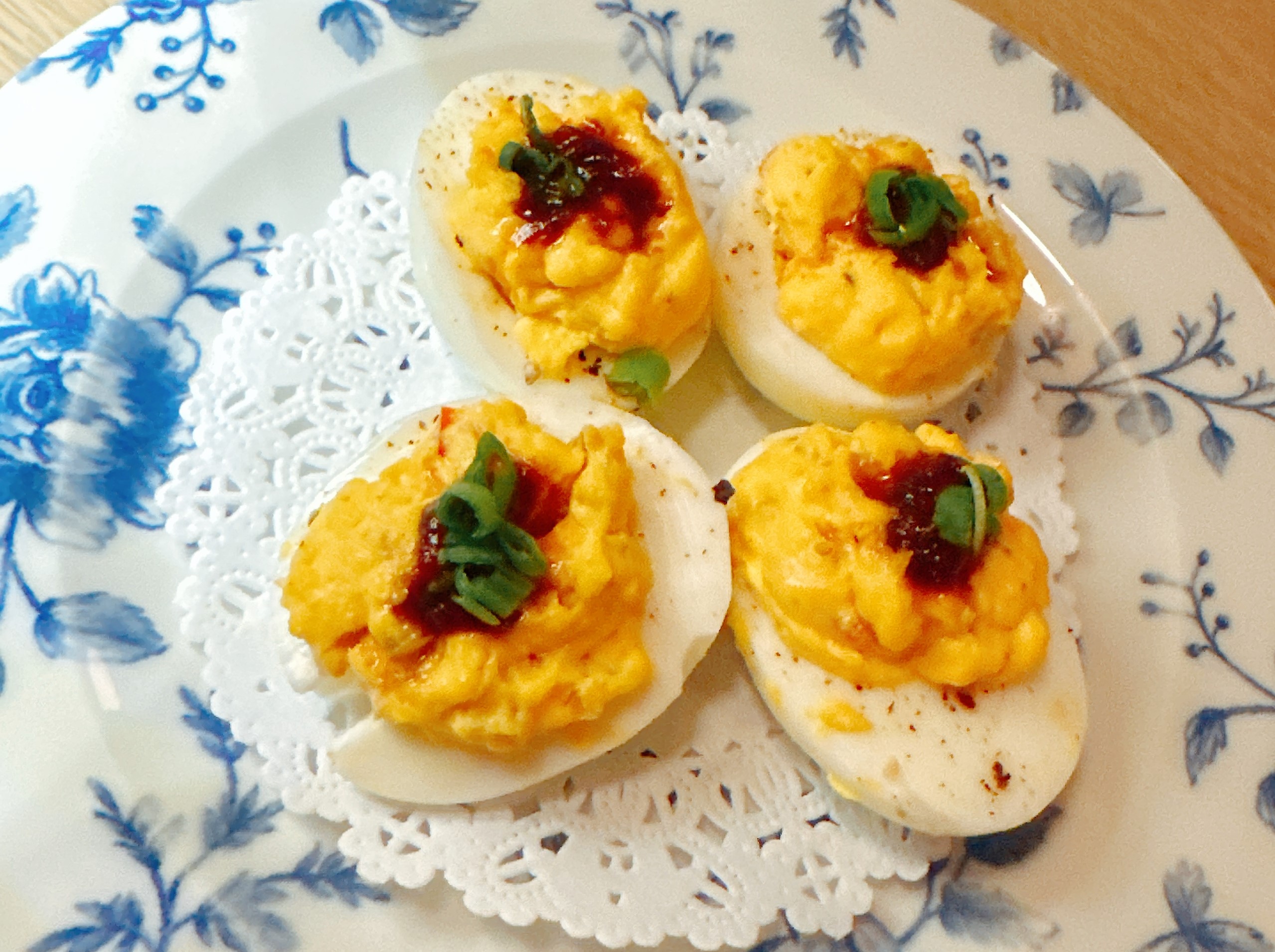 Deviled Eggs at Felicia Suzanne's in Memphis. Photo credit Robin O'Neal Smith Deviled eggs on a dish with blue print at Felicia Suzanne's in Memphis, TN.