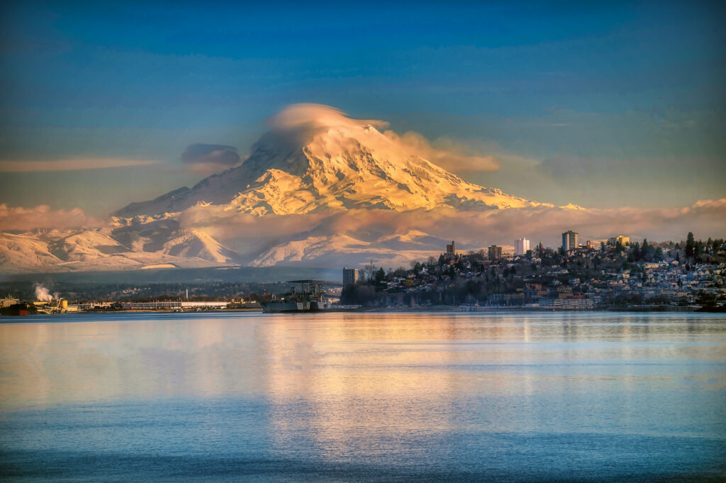Mount Rainier in all its snowy glory looms over Tacoma and the Puget Sound.