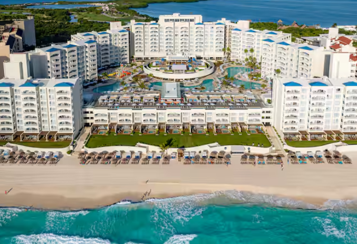 An exterior shot of the Hilton Cancun Mar Caribe, a Hilton all-inclusive resort