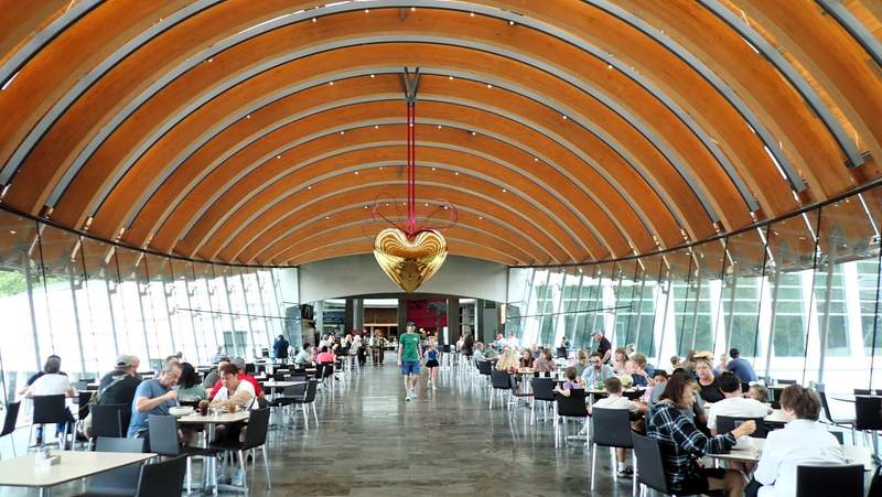 A hanging heart is the focal point of the main dining space at Crystal Bridges Museum in Bentonville, Arkansas.