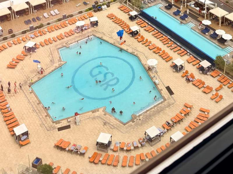 Aerial view of the Grand Sierra Resort pool and deck area.