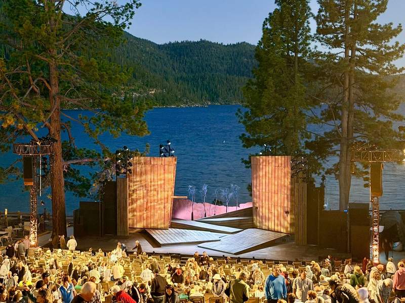 Twilight view of the stage and audience during intermission at the Lake Tahoe Shakespeare Festival.