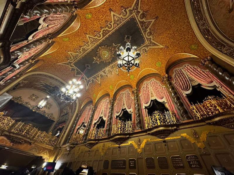 Historic Ohio Theatre ceiling with ornate Spanish-Baroque architectural details and decorative artwork.