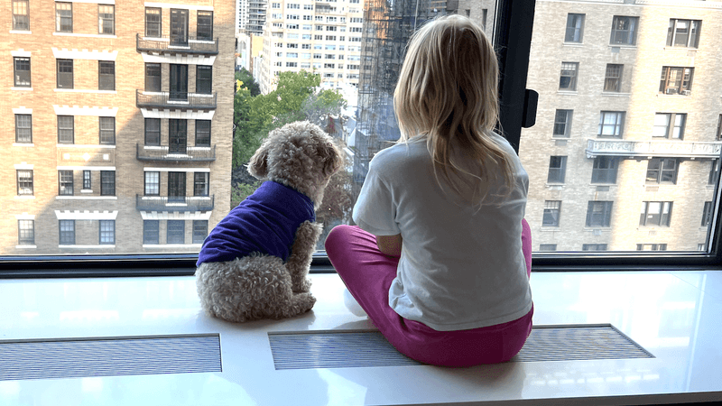 A girl and her dog sit on a windowsill at Loews Regency New York City