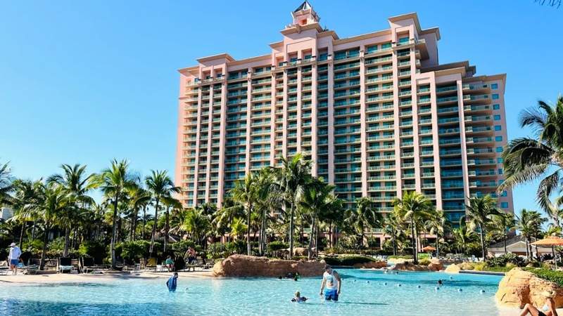 The large family-friendly pool in front of The Reef hotel at Atlantis in Paradise Island, Bahamas.