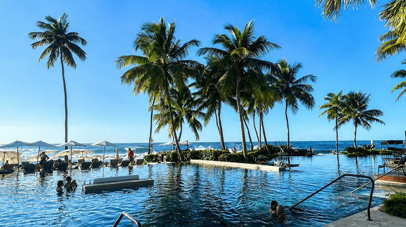 Infinity pool surrounded by palm trees overlooking the ocean at Dorado Beach, a Ritz-Carlton Reserve in Puerto Rico.