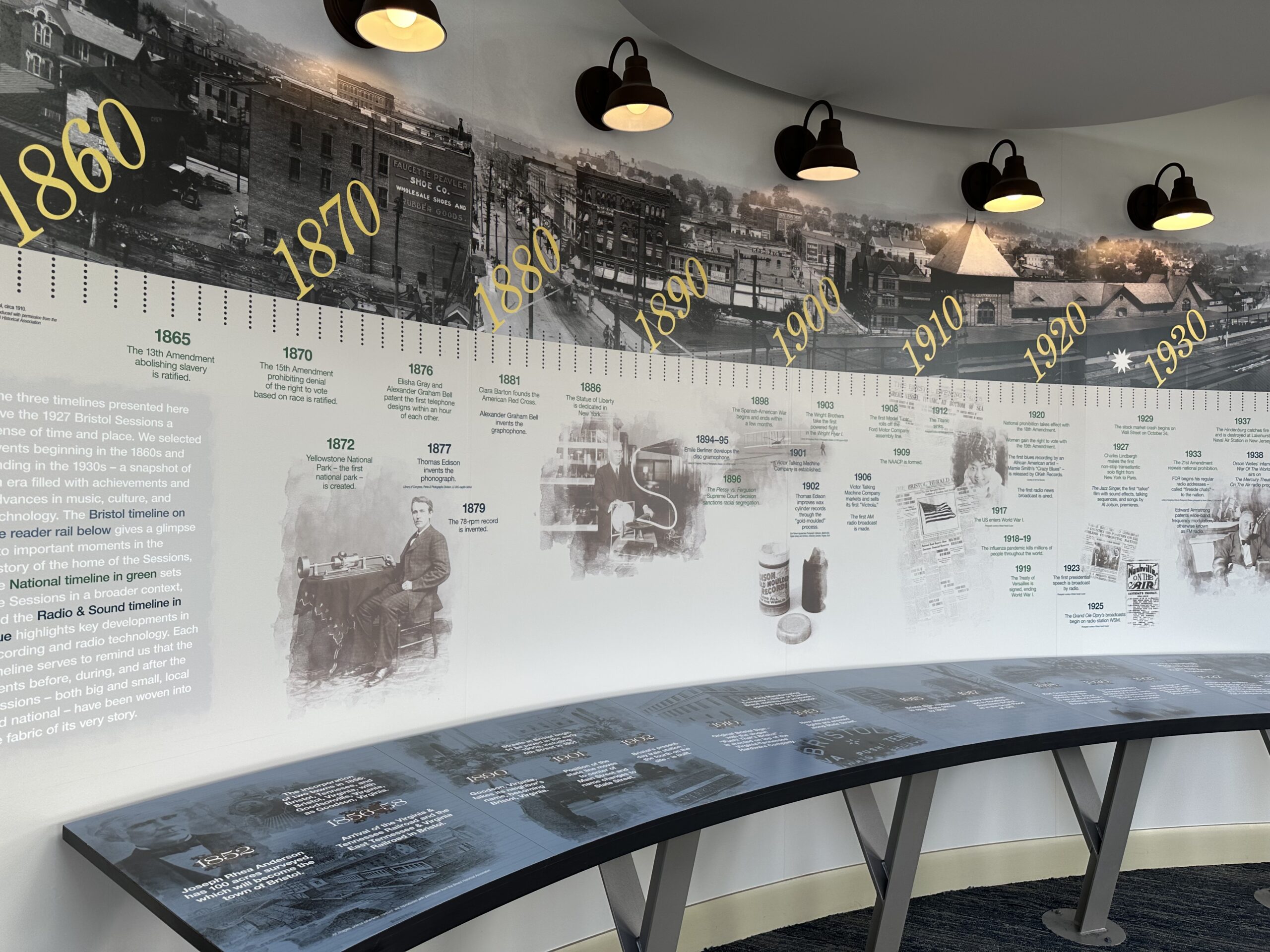 A timeline with dates and events that happened at the Birthplace of Country Music Museum in Bristol.