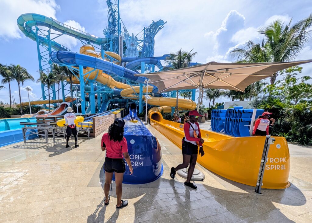 The end of two thrill rides in Great Tides Waterpark at Norwegian Cruise LIne's private island, Great Stirrup Cay.