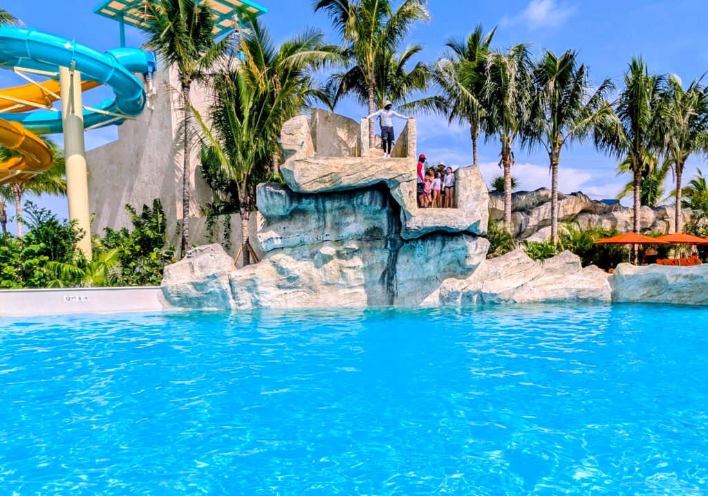 The Cliff Jump, which lets people jump into the pool below from 10- and 15-foot heights, at Great Tides Waterpark at Great Stirrup Cay, Norwegian Cruise LIne's private island.
