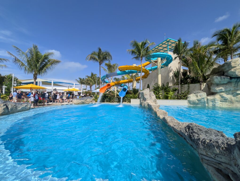 The orange and blue Fearless Fall slides ople can slide down at the same time, one of 19 water slides at Great Tides Waterpark at Great Stirrup Cay, Norwegian Cruise LIne's private island.