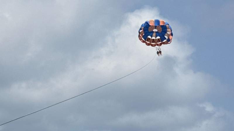 Two people parasailing in the Turks and Caicos.