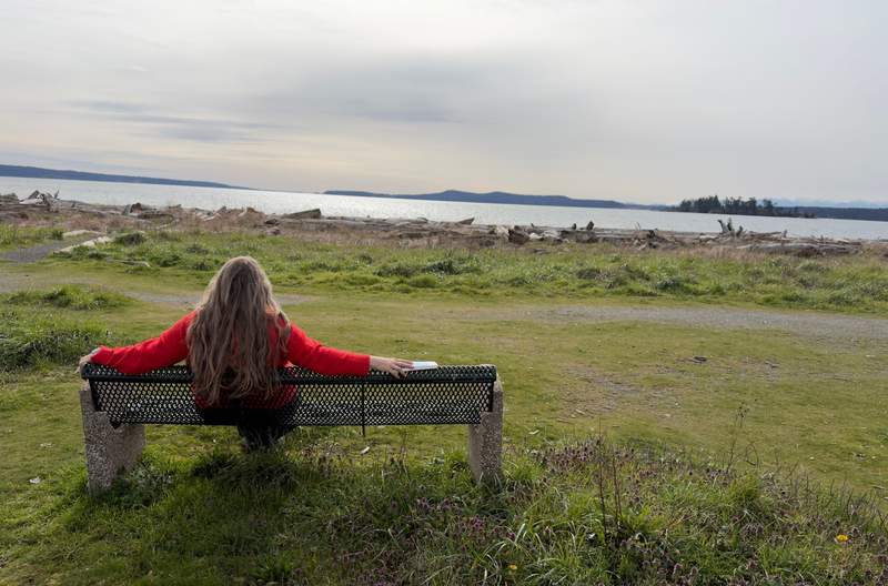 A traveler in a bright red jacket sits on a bench overlooking the Salish Sea, with driftwood lining the shore at Jackson Beach Park on San Juan Island.