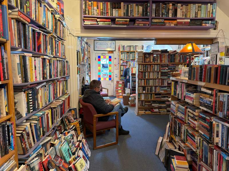A reader sits in an armchair surrounded by overflowing shelves of books inside the cozy Serendipity Used Books on San Juan Island.