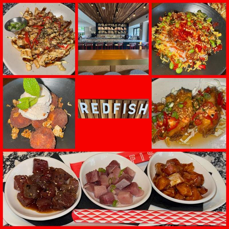 A collage shows Redfish’s colorful poke bowls, raw ahi, saucy wings, loaded fries, malasada dessert and modern bar interior.