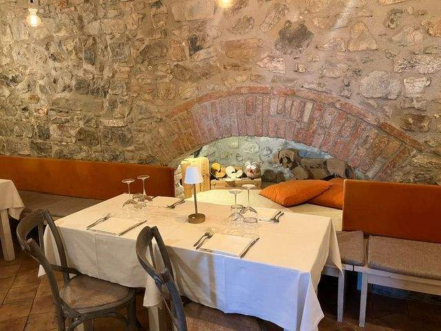 Restaurant table with medieval village walls