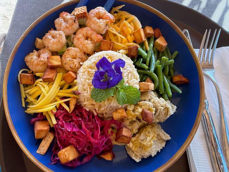 Colorful dish of shrimp, veggies and rice 
