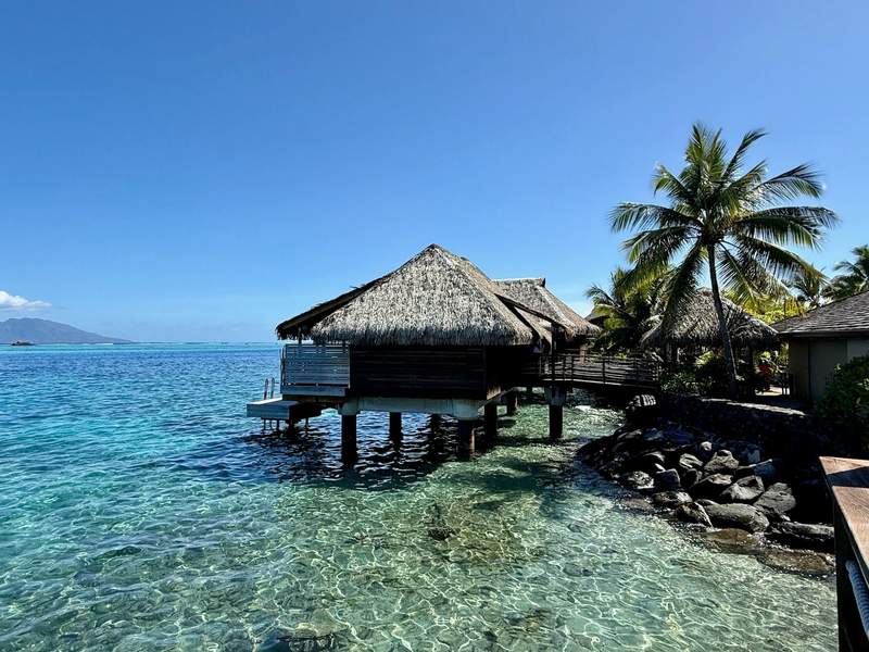 Beautiful polynesian style bungalow room standing over the water.