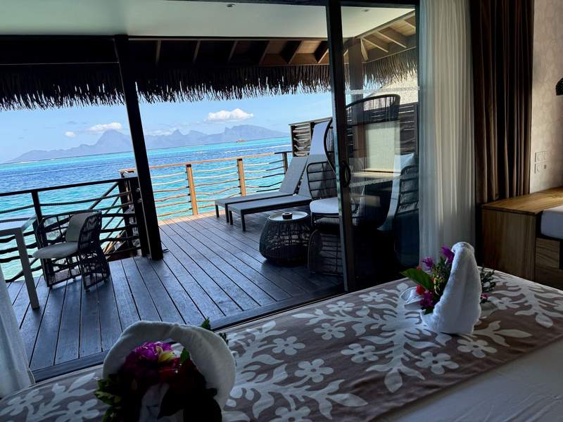 View from inside one of the InterContinental Resort & Spa’s overwater bungalows.