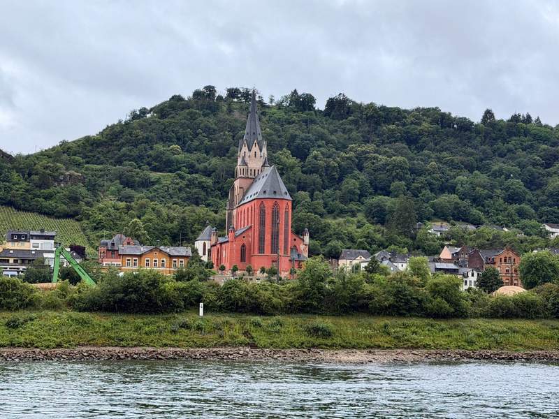 Bright orange castle on the Rhine river with a forested hilltop behind it.