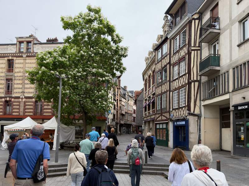 Group of travelers walking toward a narrow cobblestone street lined with timbered medieval houses and a flowering tree in Rouen