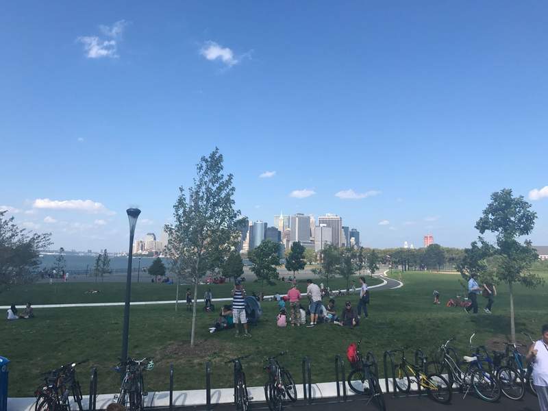 A scenic view of a sunny park with people relaxing on the grass, a row of parked bicycles in the foreground, and a distant city skyline across the water.
