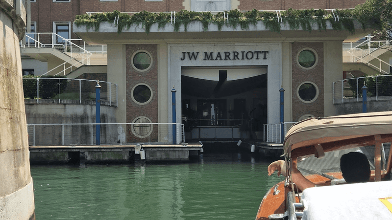 The water entrance to the JW Marriott Venice, pictured from an arriving boat. 