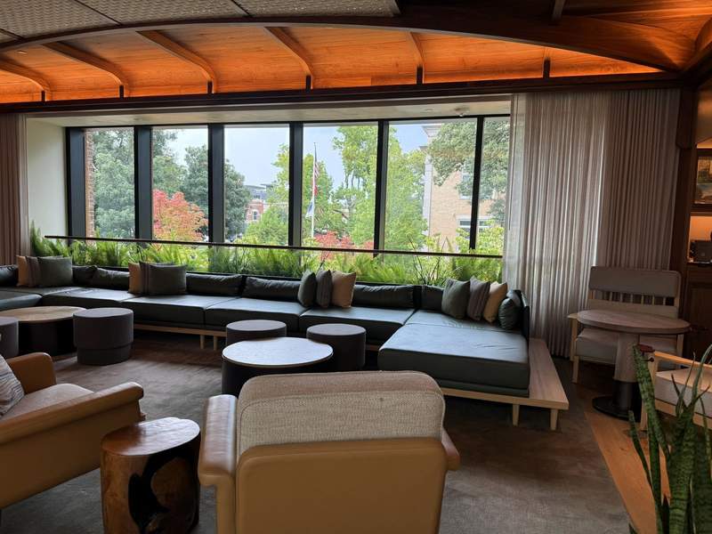 The Compton in Bentonville offers many quiet common areas such as the upstairs library nook overlooking the downtown square and fall foliage.