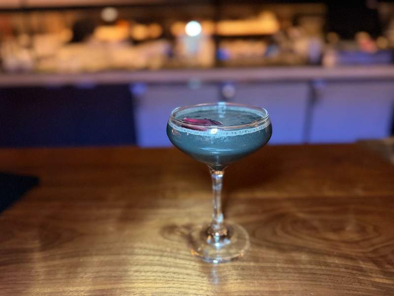 A single grey colored cocktail served in a coupe glass and garnished with a flower petal.