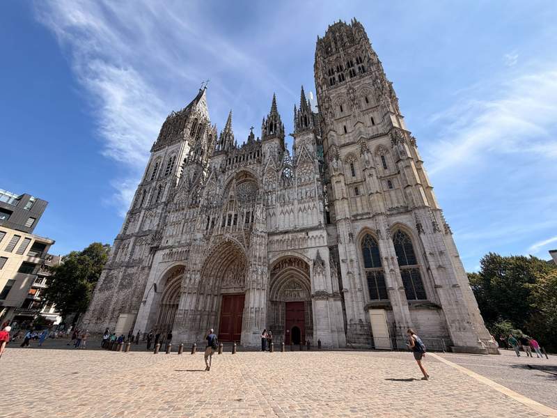 A large cathedral in a town square.