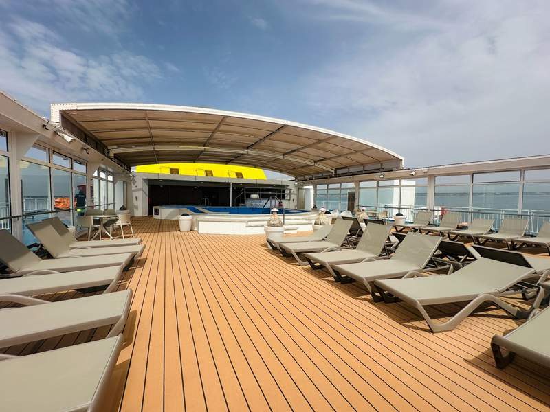 Saltwater swimming pool and sun deck aboard the Buenavista Express ferry.