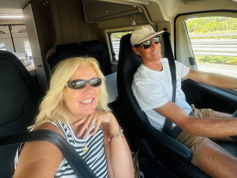 Couple in campervan getting ready to board the Fred Olsen Express ferry.