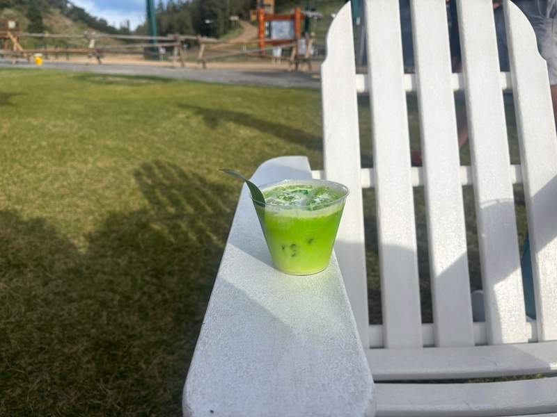A bright green drink in a plastic cup, garnished with a leaf, rests on the arm of a white Adirondack chair with a grassy lawn in the background.