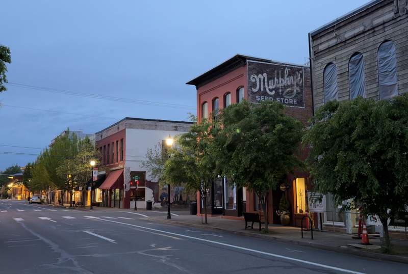 Historic brick storefronts and tree lined street in downtown Albany Oregon