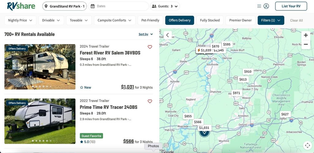 Just two of 700+ deliverable RV rentals near Talladega listed on RVshare.