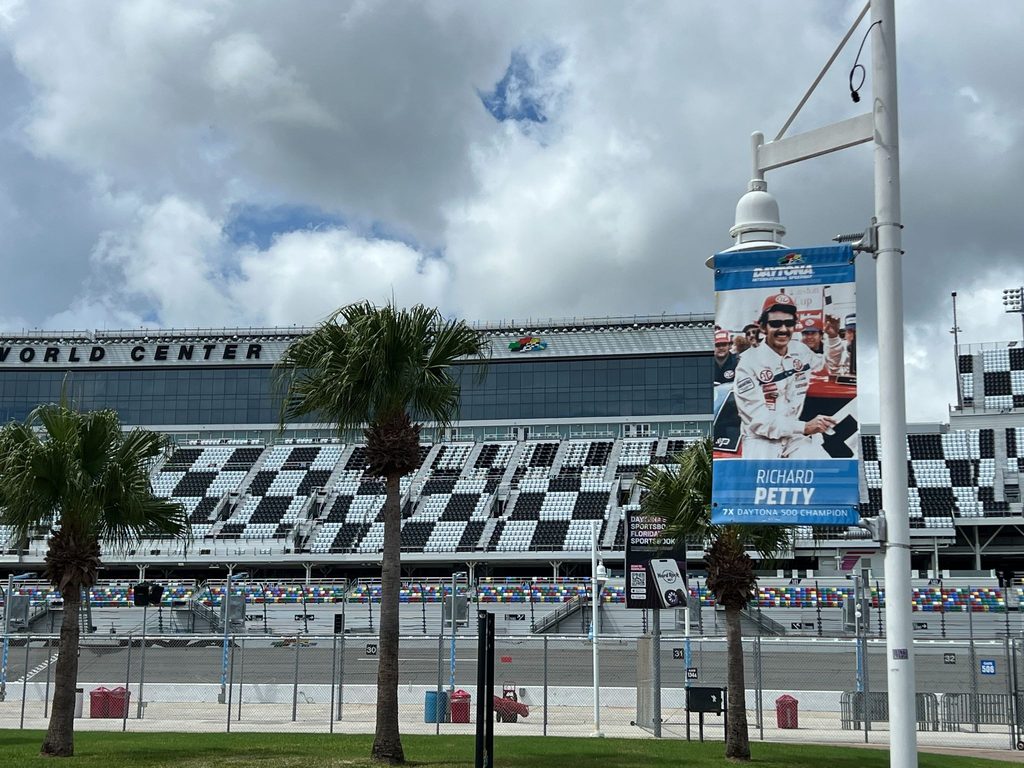 Caption: Daytona International Speedway stadium seats.