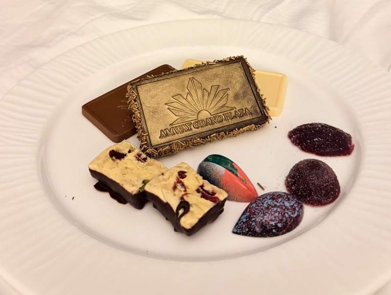 Assortment of artisan chocolates and sweet treats on a white plate featuring an Amway Grand Plaza chocolate plaque in Grand Rapids, Michigan.