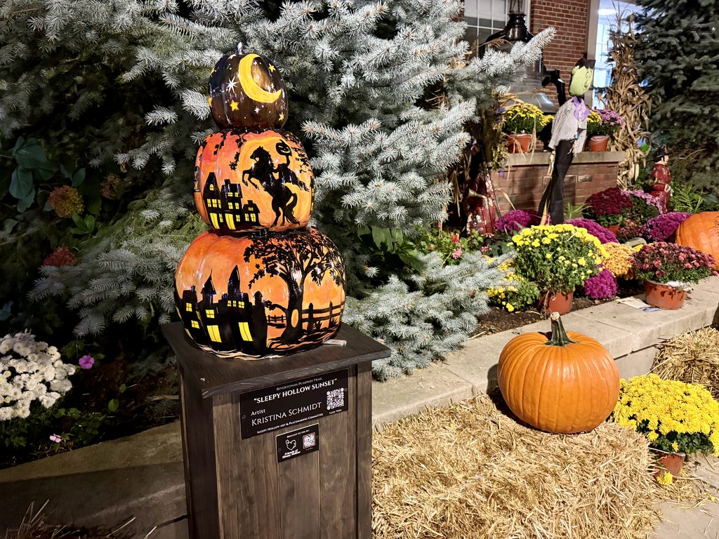 Fiberglass pumpkin display in Sleepy Hollow, NY
